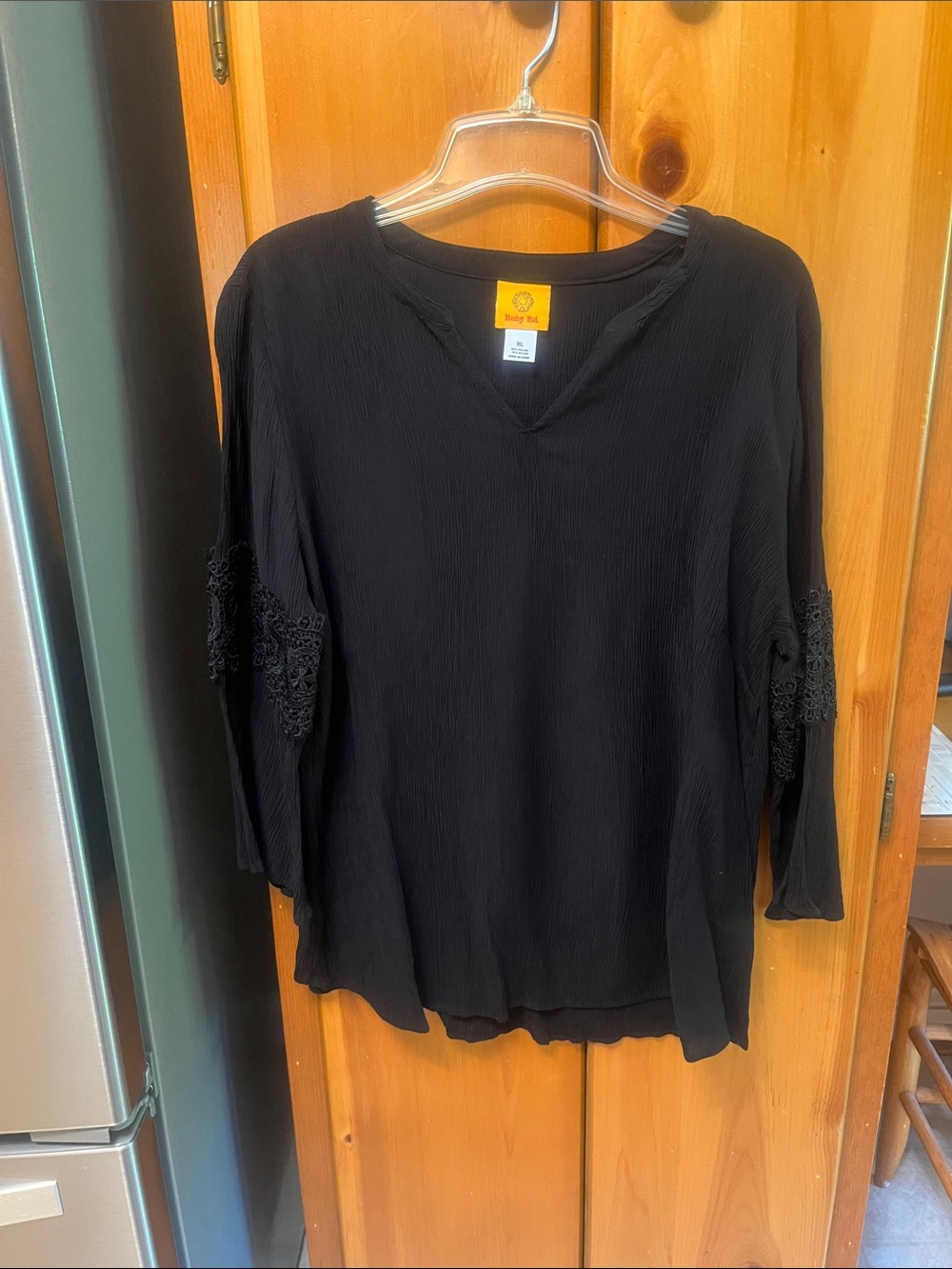 Ruby Rd. Black V-Neck Long Sleeve Tunic with Lace Sleeve Detail